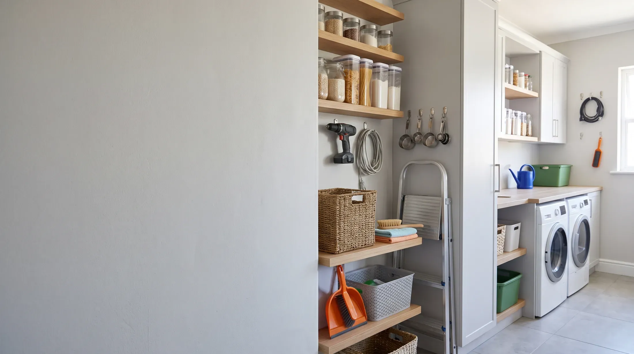 An organized utility room with pantry storage, household tools, a step stool, and laundry equipment