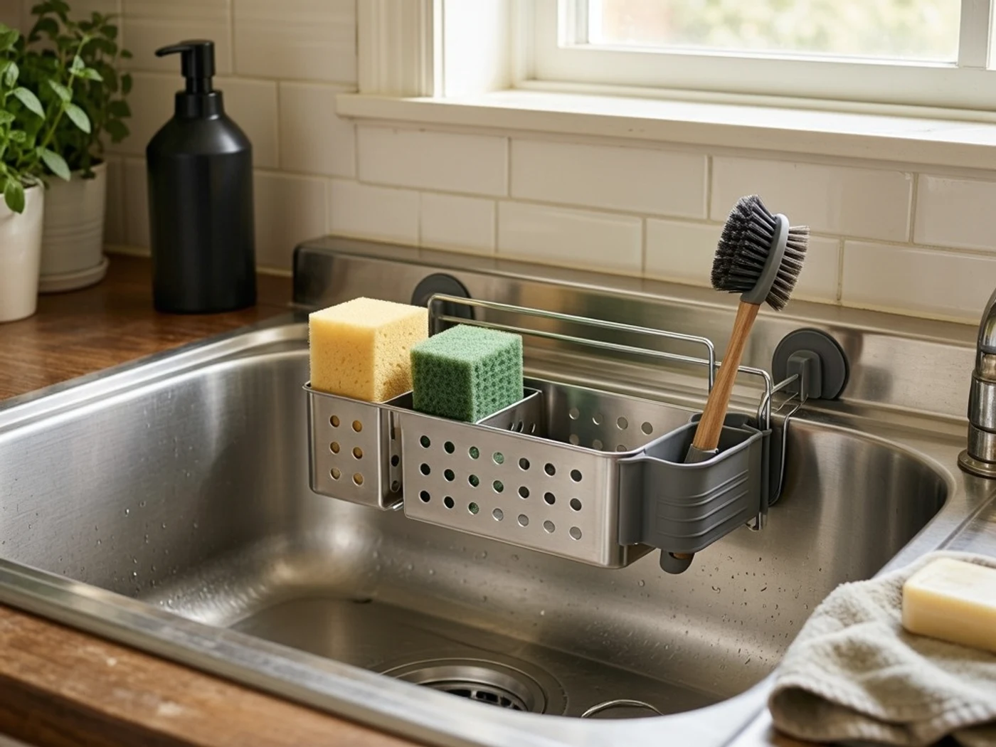 simplehuman sink caddy review detail of the vented base, dividers, and pop-out brush holder