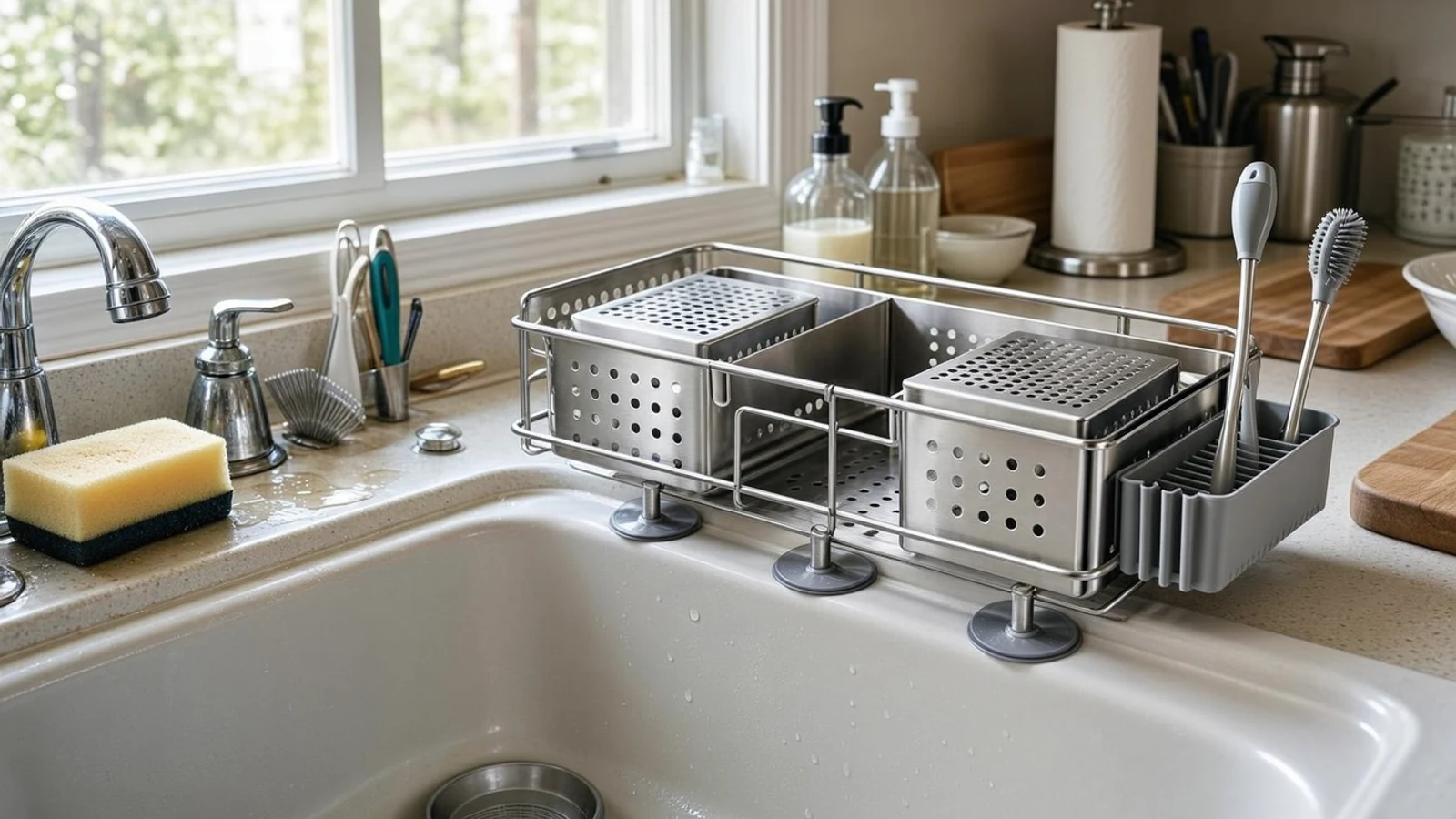 simplehuman sink caddy review showing a vented stainless-steel organizer beside a kitchen sink