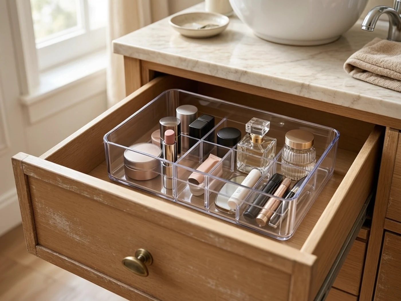 iDesign drawer organizer review detail of the clear plastic tray and shallow sides