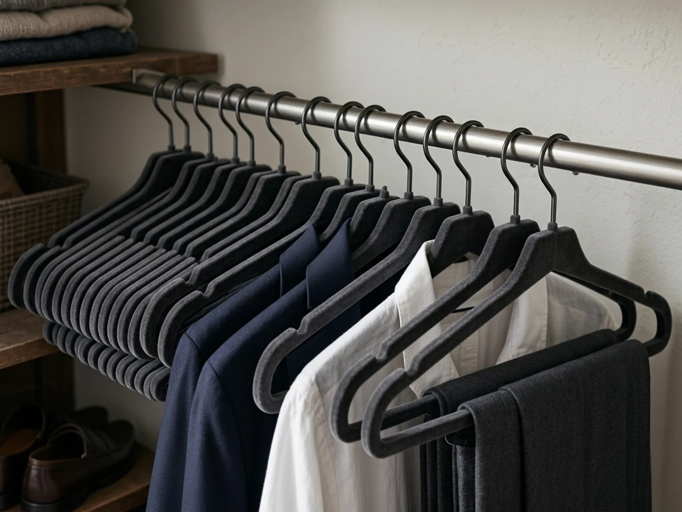 Slim velvet hangers shown at close range with everyday closet clothing
