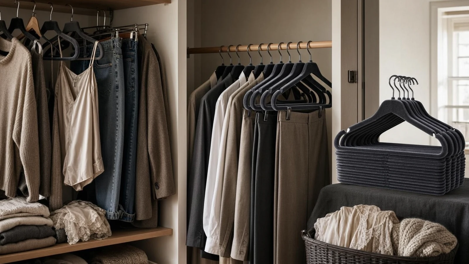 Slim velvet hangers organizing shirts and trousers in a home closet