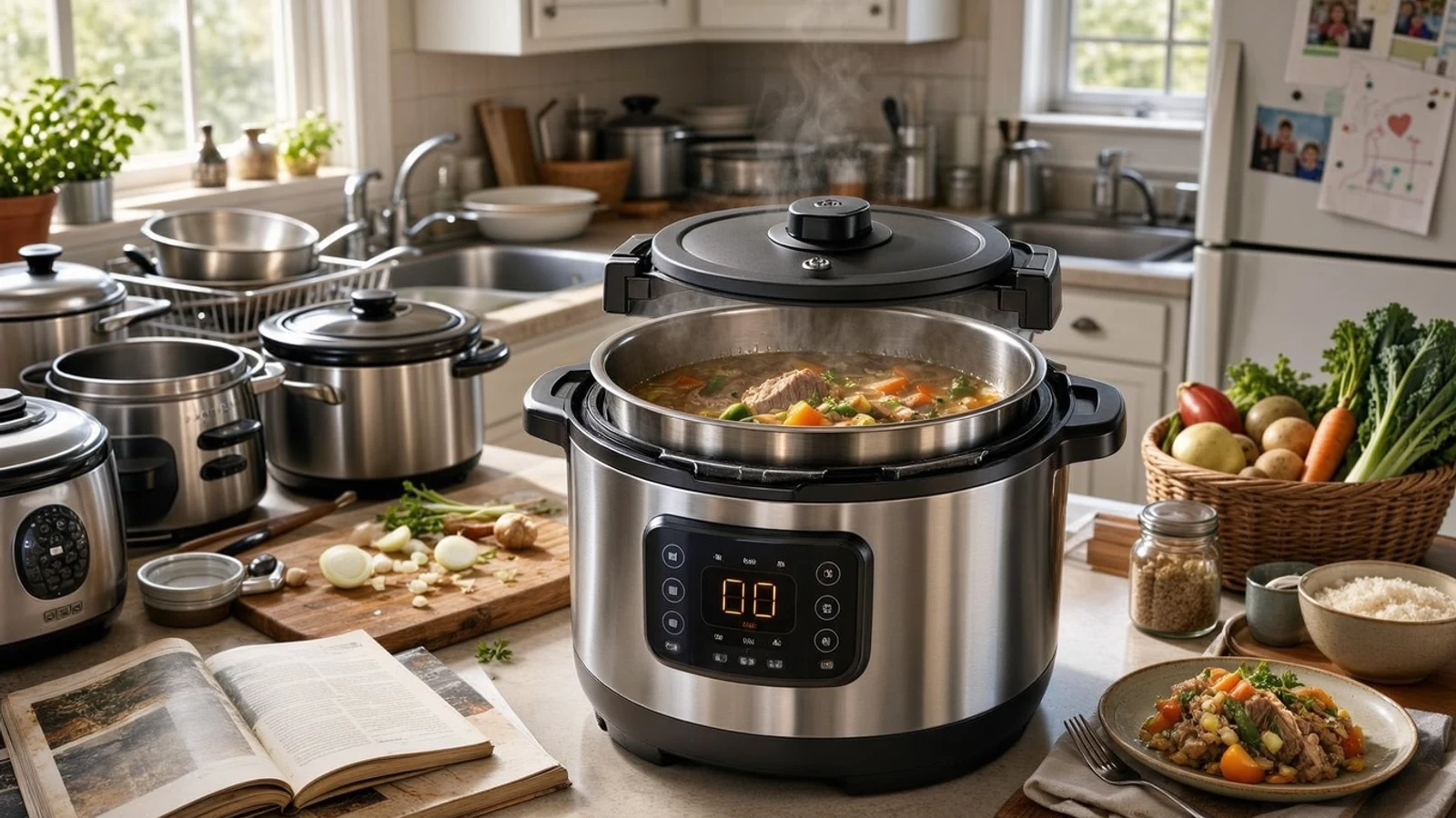 Instant Pot Duo Plus review editorial illustration showing a nine-function multicooker on a kitchen counter