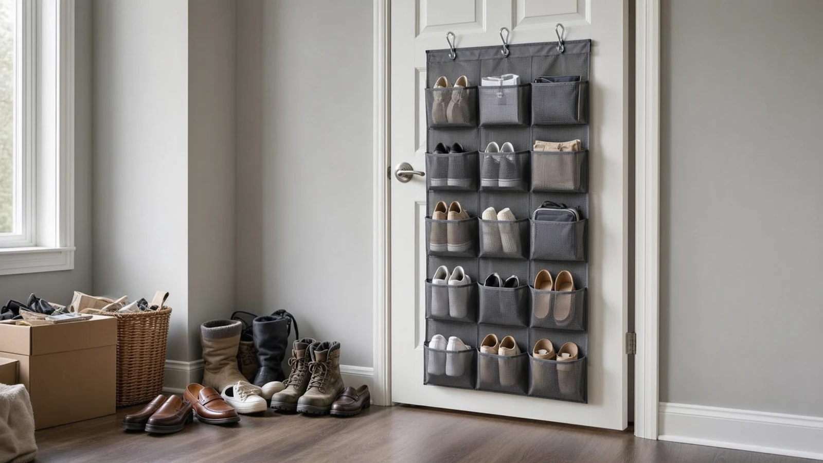 Amazon Basics shoe organizer review editorial illustration showing the product in a practical home setting