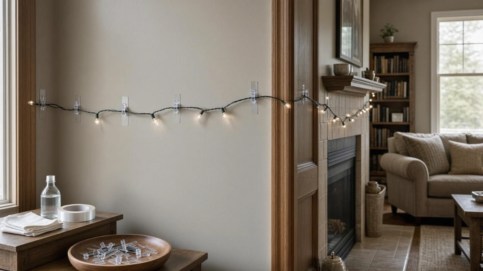 Command light clips review showing clear mini clips arranged for indoor string lights