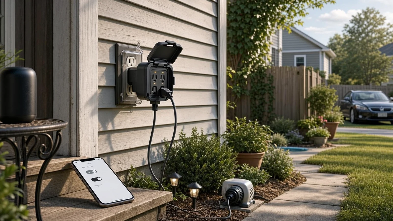 Kasa outdoor smart plug review showing a dual-socket outdoor Wi-Fi outlet