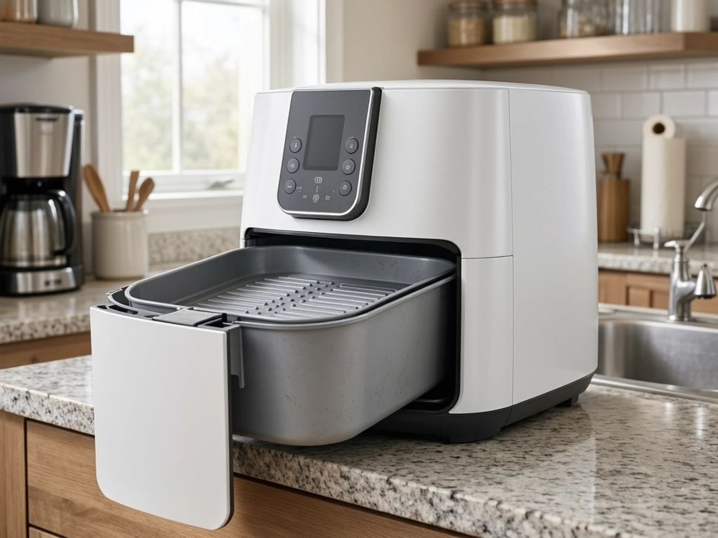 Cosori TurboBlaze review detail showing basket access and countertop clearance