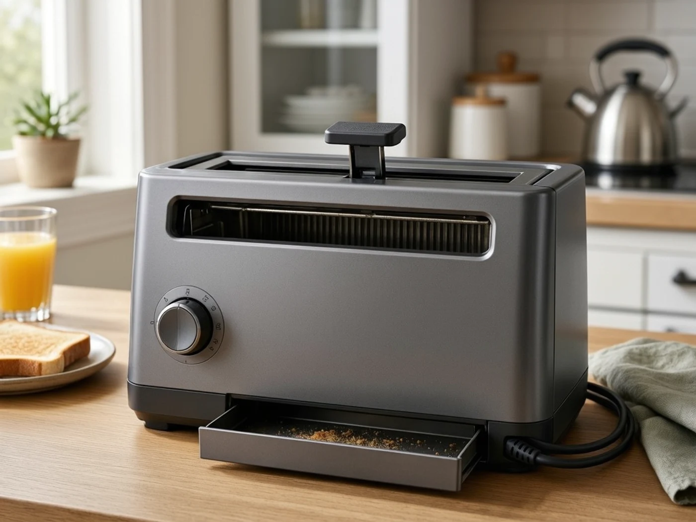 Bella slim toaster review detail of the long slot, controls, and crumb tray