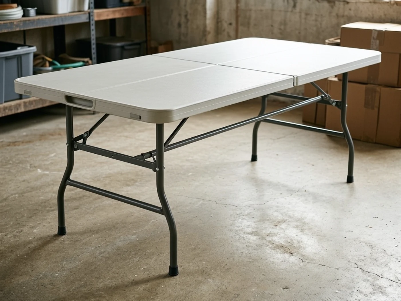 FDW folding table review detail illustration of fold-in-half storage and carrying handle