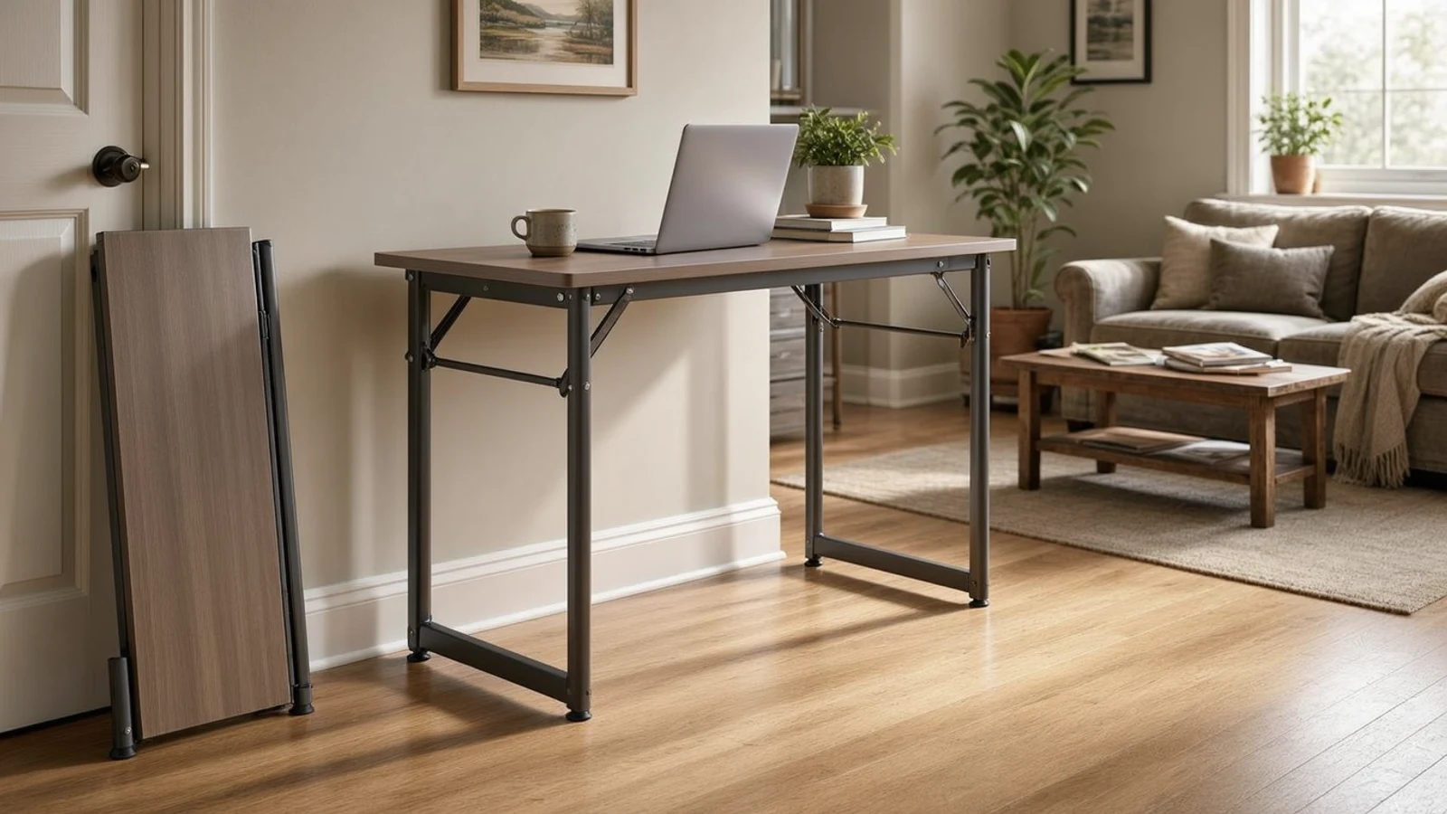 Frylr folding desk review editorial illustration showing the product in a practical home setting