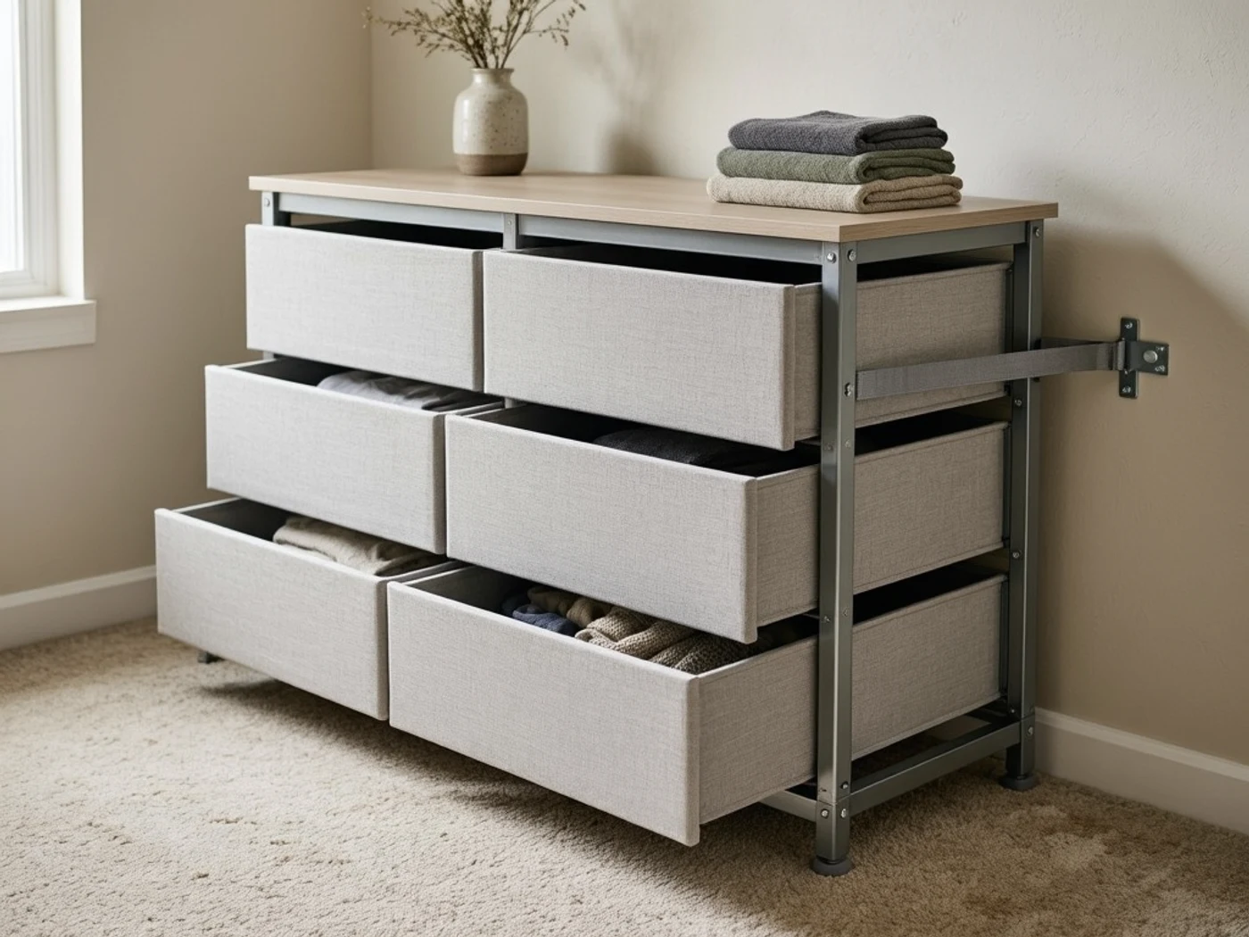Sweetcrispy dresser review detail of fabric drawers, steel frame, and MDF top