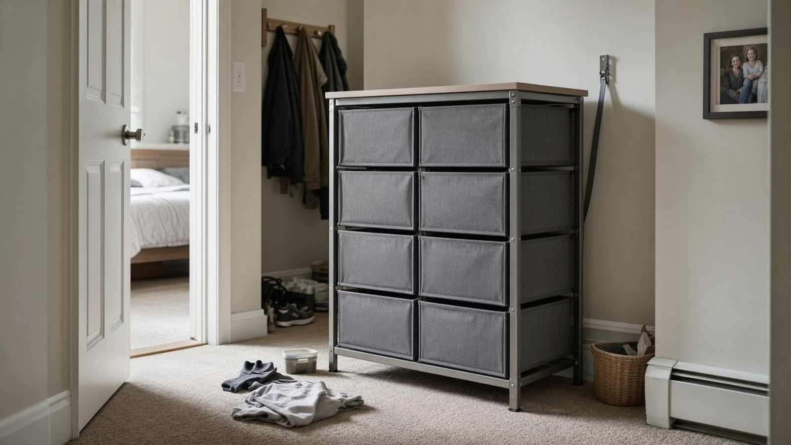 Sweetcrispy dresser review showing an eight-drawer fabric storage dresser in a bedroom