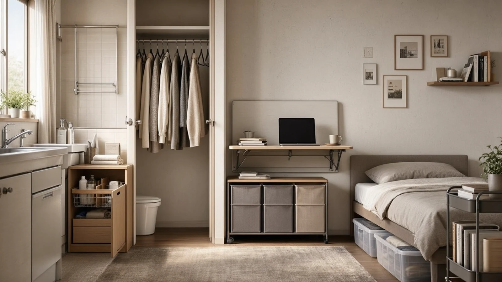 Best small space products arranged as an editorial illustration of organized compact rooms