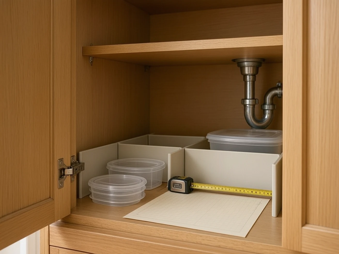 A close view of cabinet interior measurements for how to measure cabinet organizers around a hinge and shelf lip