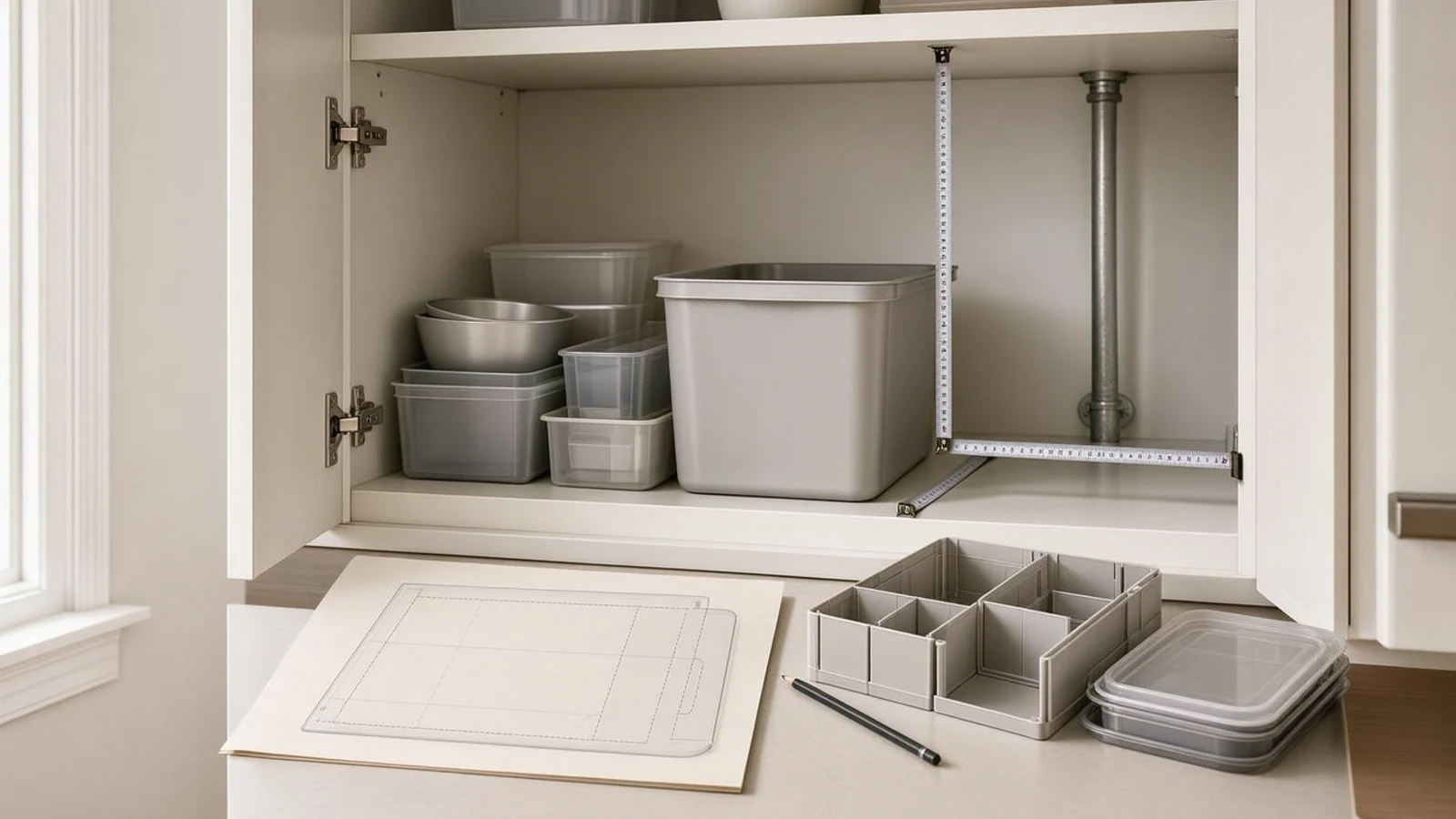 A measuring tape and notepad beside a cabinet organizer, illustrating how to measure cabinet organizers before purchase