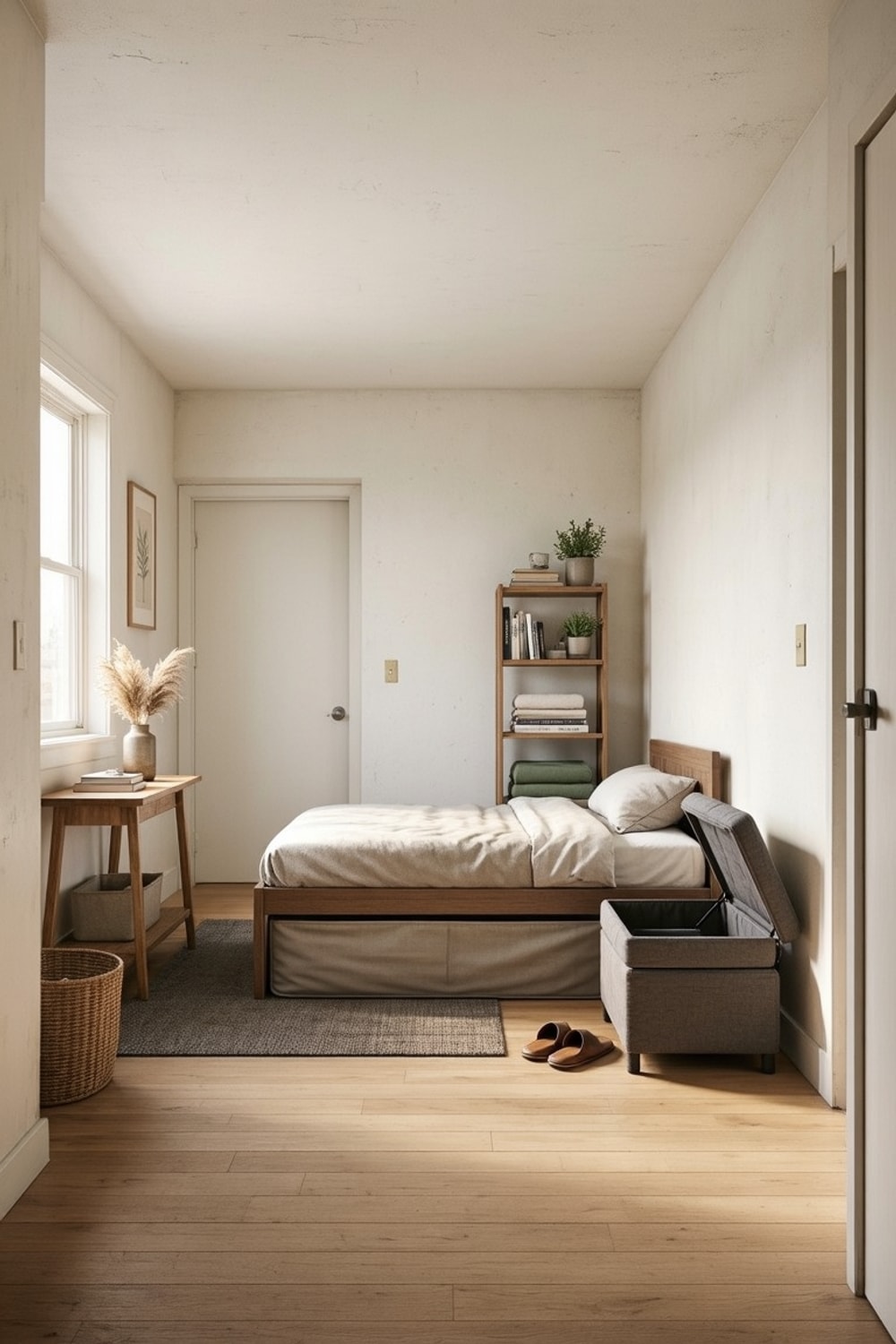 A vertical overview of a small apartment storage plan with flexible furniture and clear routes