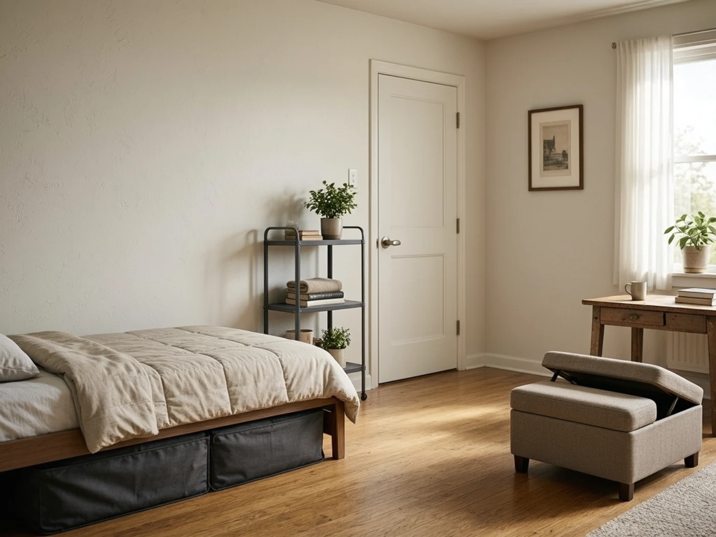 A detailed view of a small apartment storage plan using labeled containers and measured vertical space