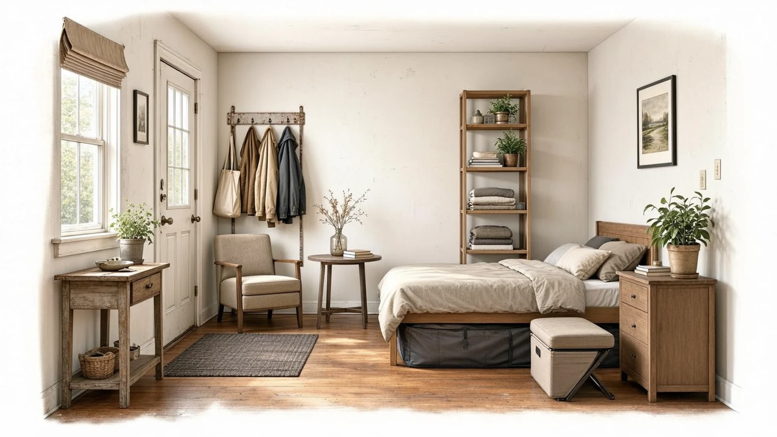 A compact living room organized with a small apartment storage plan, clear walkways, and vertical shelving