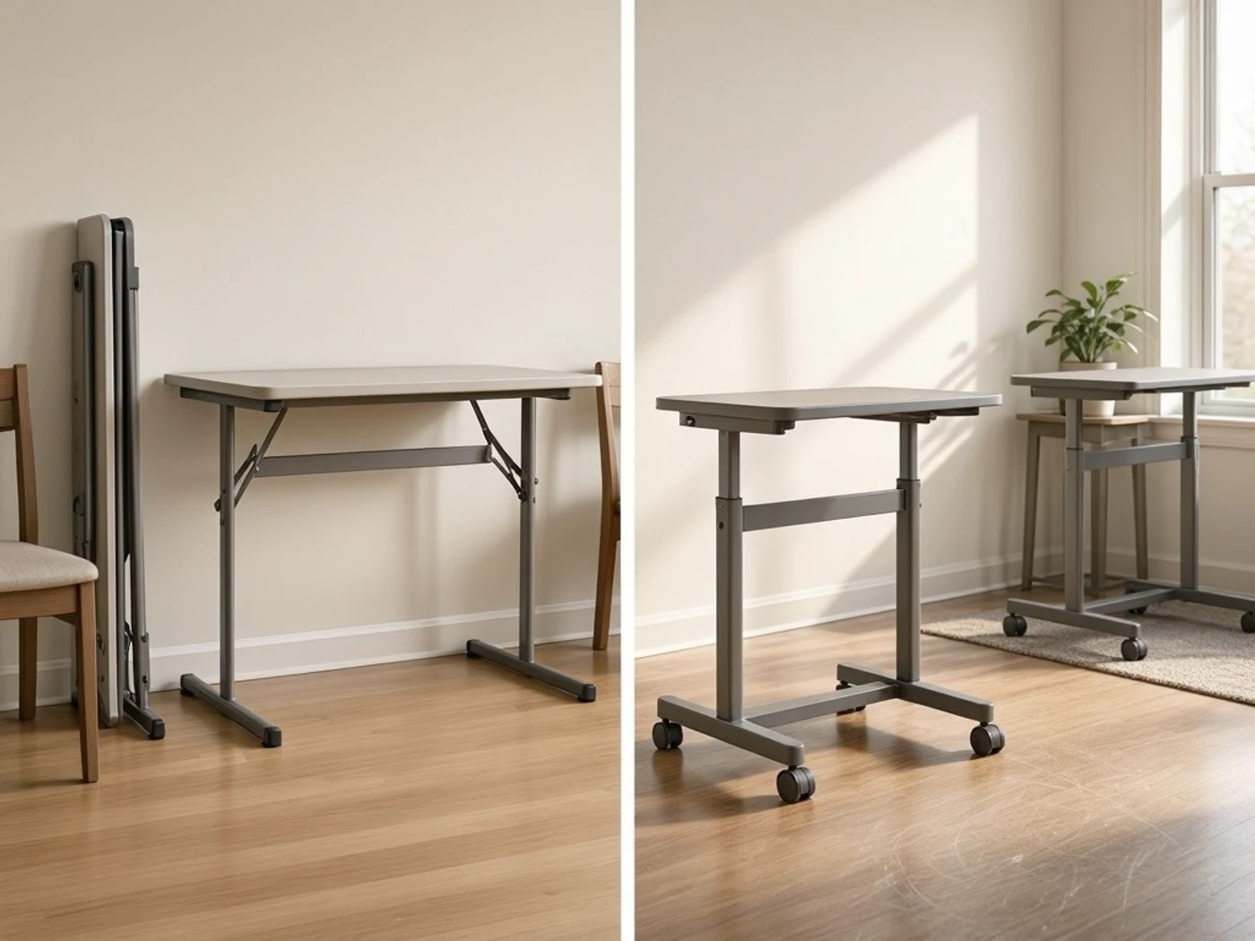 folding desk vs rolling desk storage and deployment illustration
