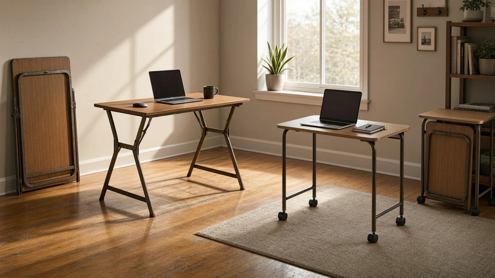 folding desk vs rolling desk editorial comparison in a compact home