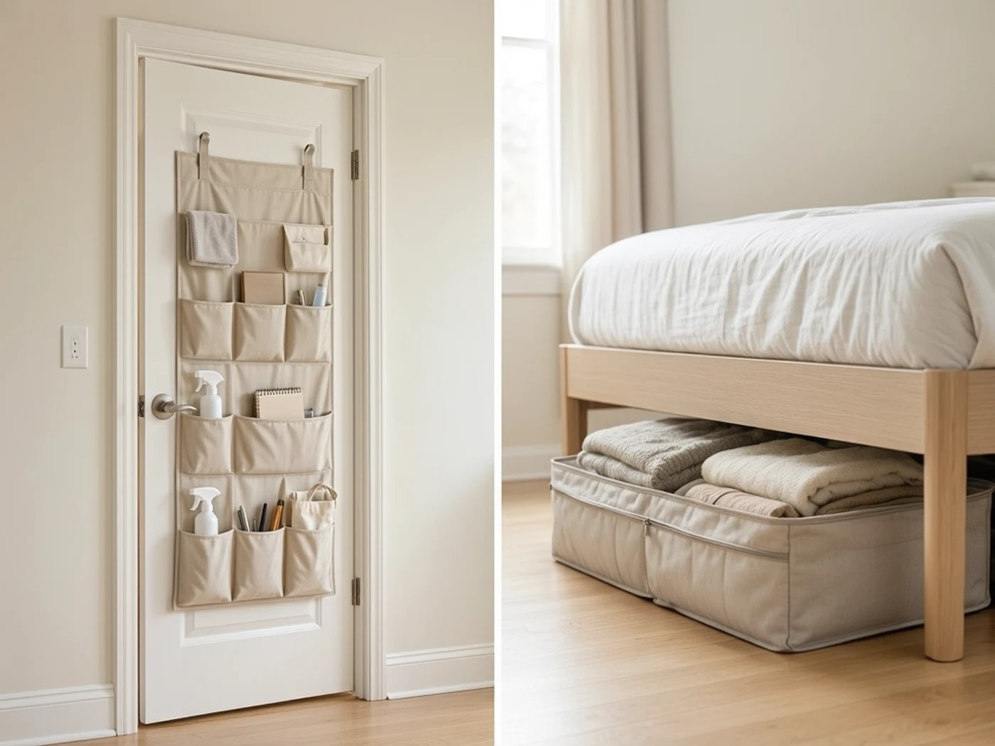 door vs underbed storage detail illustration showing labeled soft goods and an over-door organizer