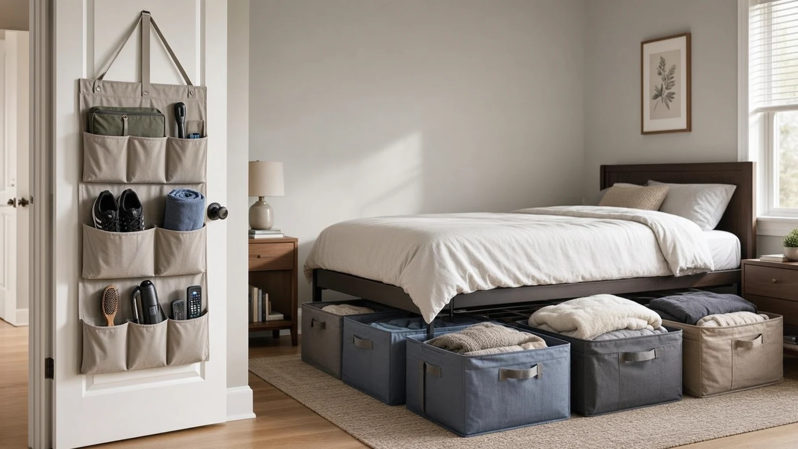 door vs underbed storage editorial illustration comparing hidden zones in a compact room