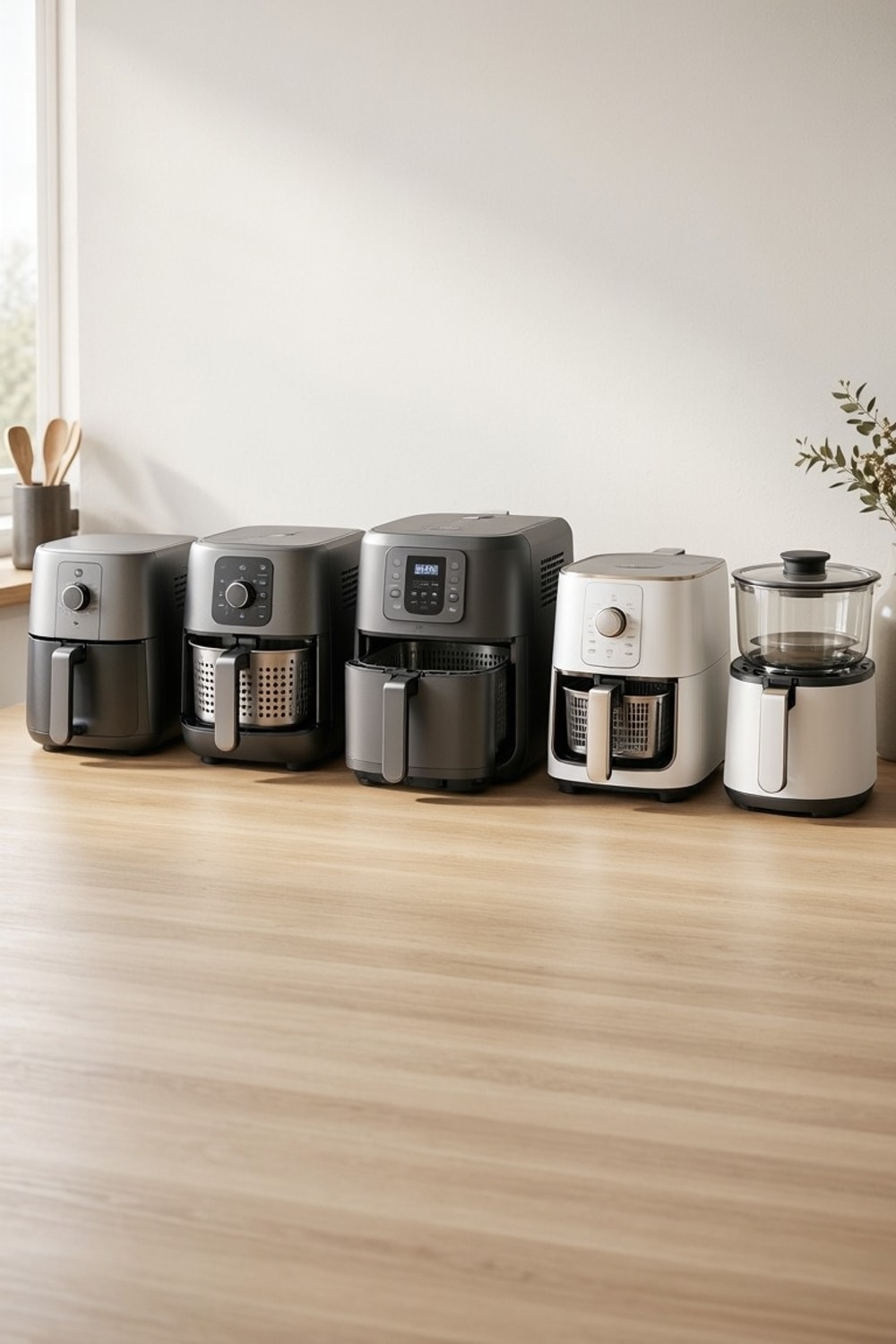 Best air fryers represented by five compact-to-family-size formats in a bright kitchen