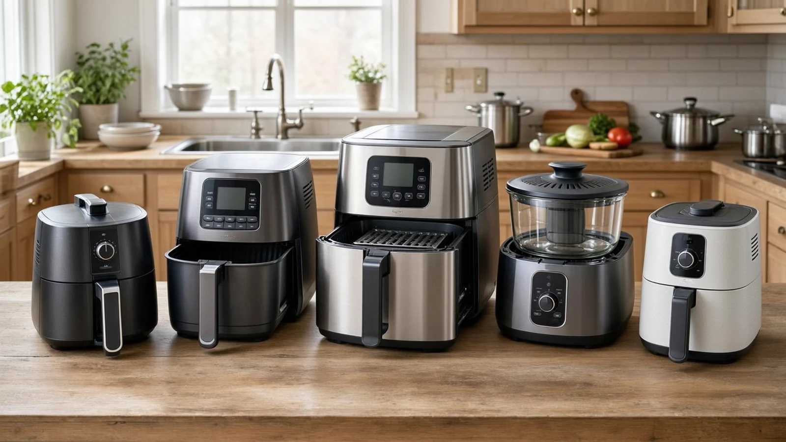Best air fryers represented by five basket and glass-container formats on a practical kitchen counter
