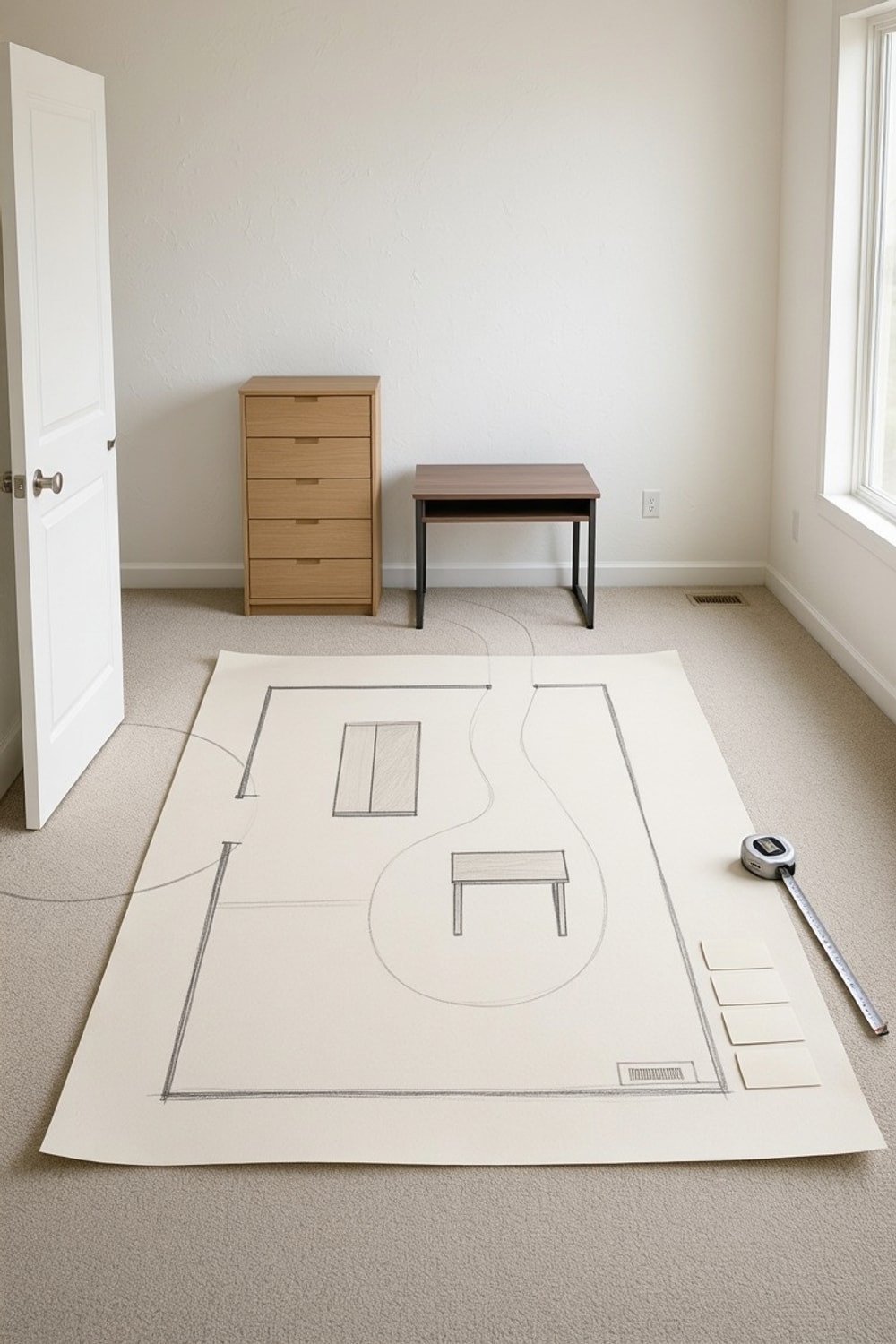 A room layout and tape measure used to measure space before buying furniture and compare the complete footprint
