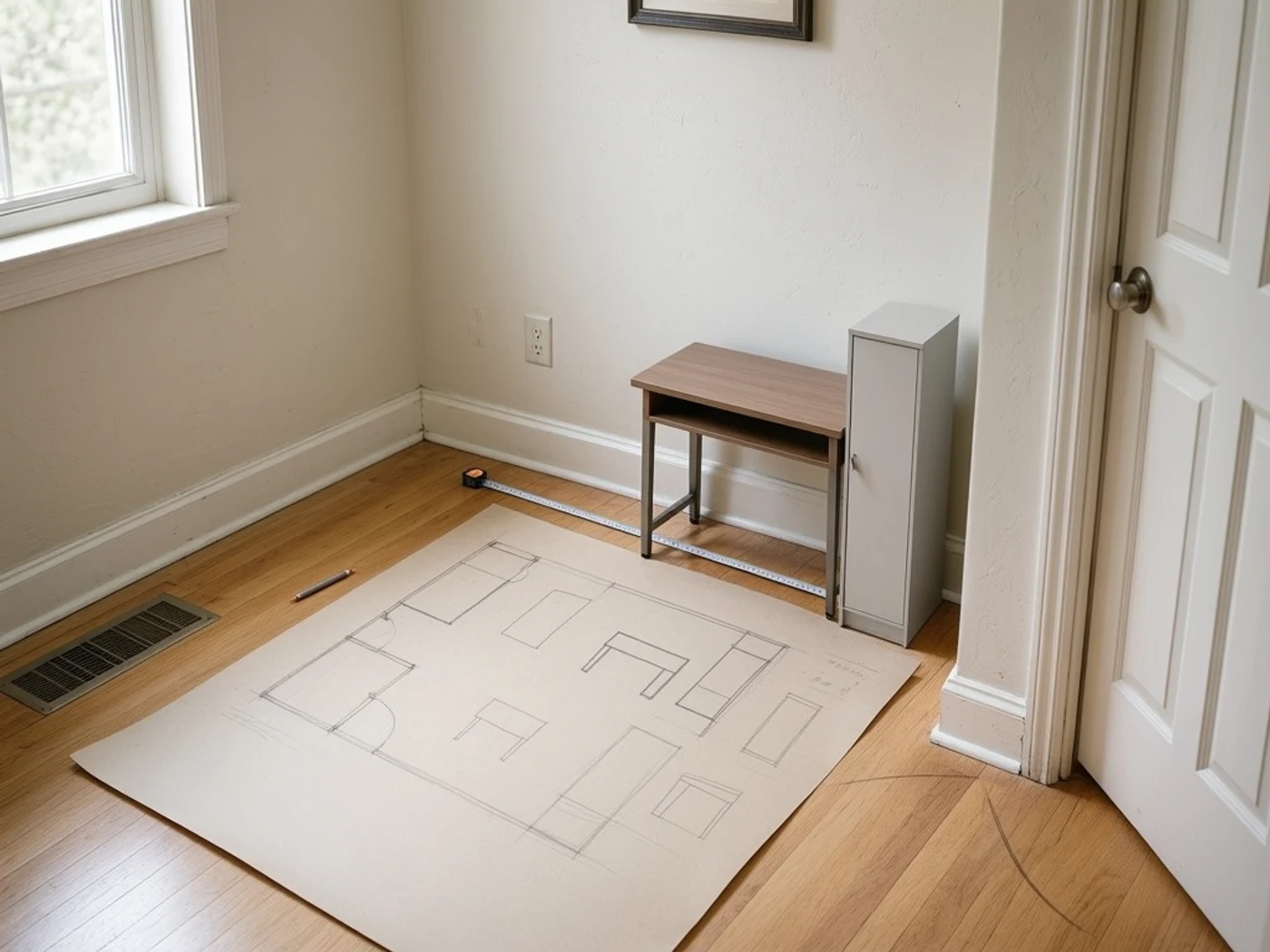 A wall, vent, door, and compact desk mapped to measure space before buying furniture with operating clearance