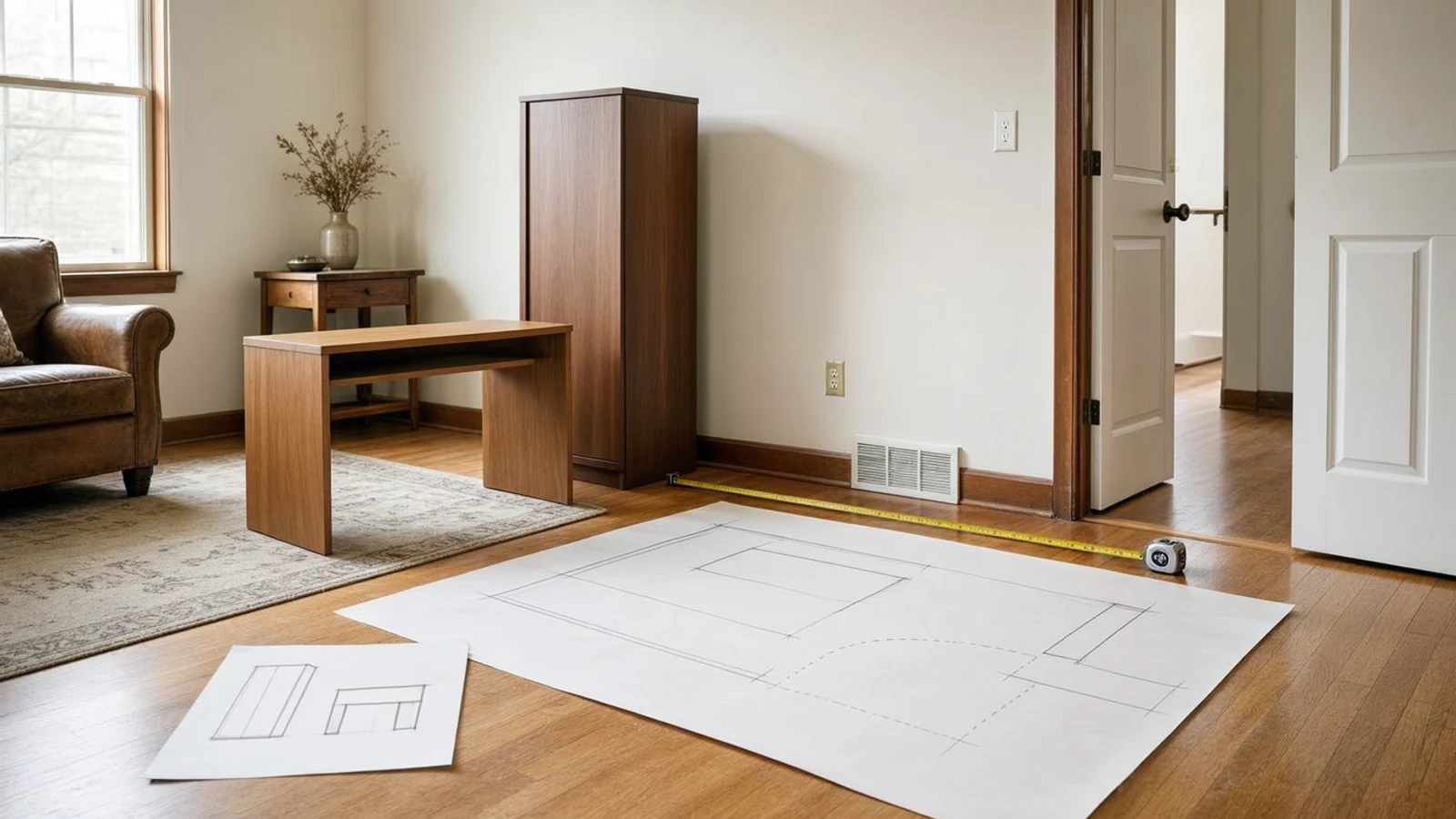 A measured room plan showing how to measure space before buying furniture while protecting the doorway and walking route