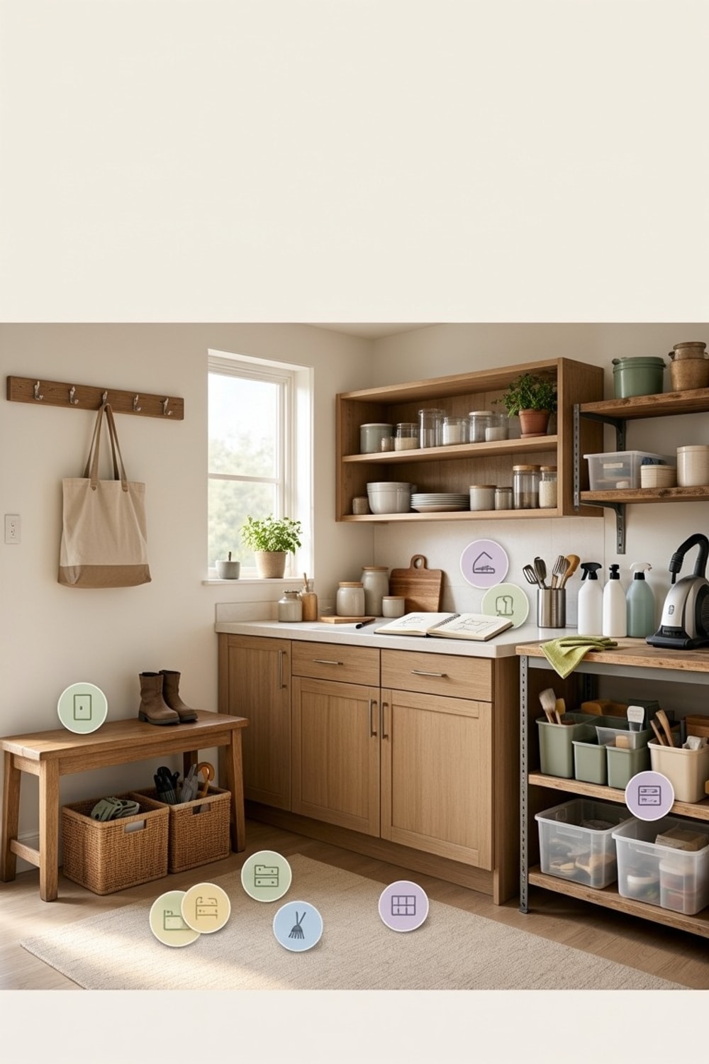 A home organization audit checklist illustrated with kitchen, cleaning, entryway, and storage zones