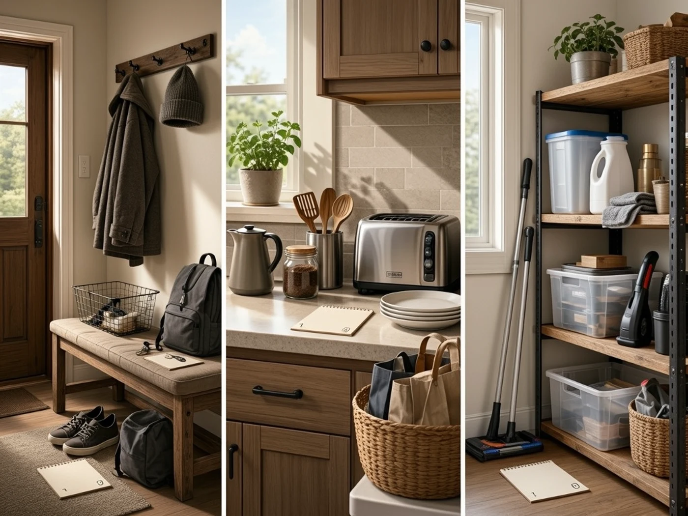 A home organization audit checklist comparing access, preparation, cleaning, and storage friction in three household zones