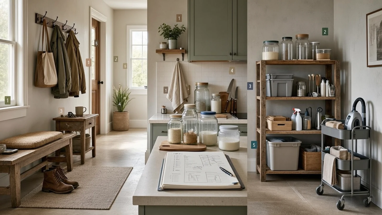 A home organization audit checklist mapping repeated friction across an entryway, kitchen counter, and utility shelf