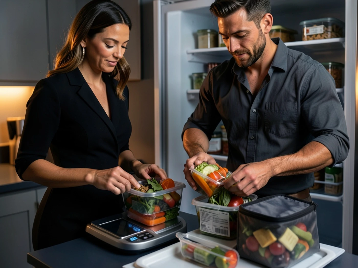 A work lunch system planner process with containers, a scale, refrigerator access, and an insulated carrier