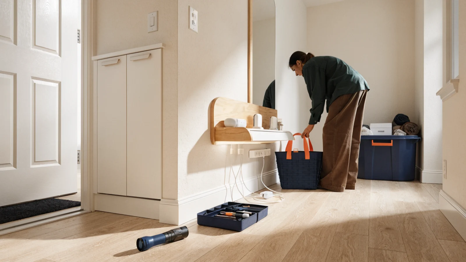Home utility products by room supporting an entry and maintenance reset zone with a clear household path