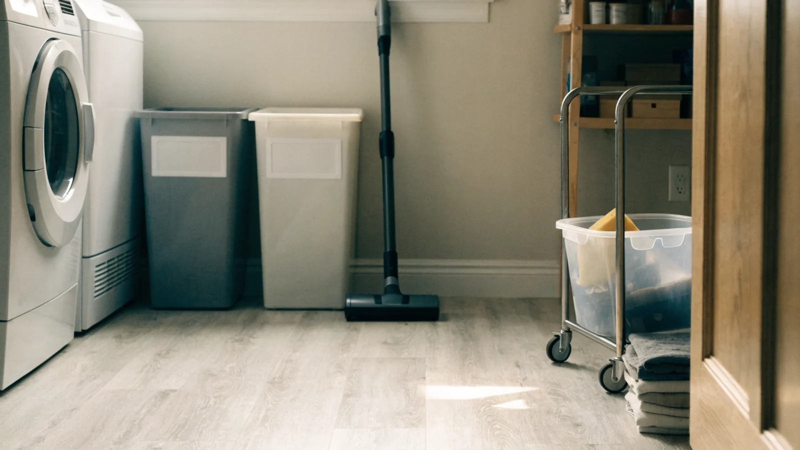 Home utility products by room placed for direct access in a combined laundry and cleaning zone