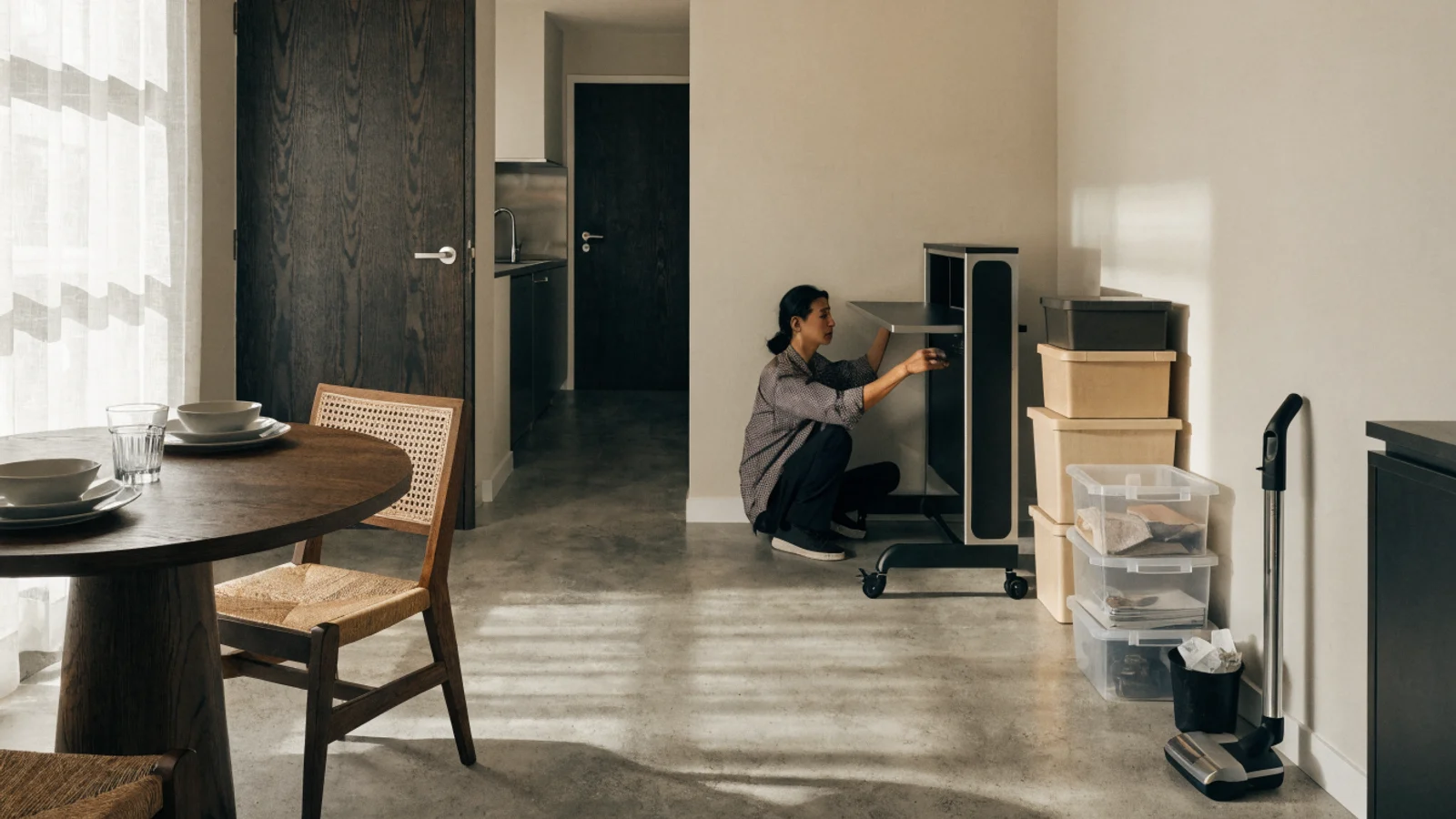 Home utility products for apartments arranged in a compact multi-use zone with a clear walking route