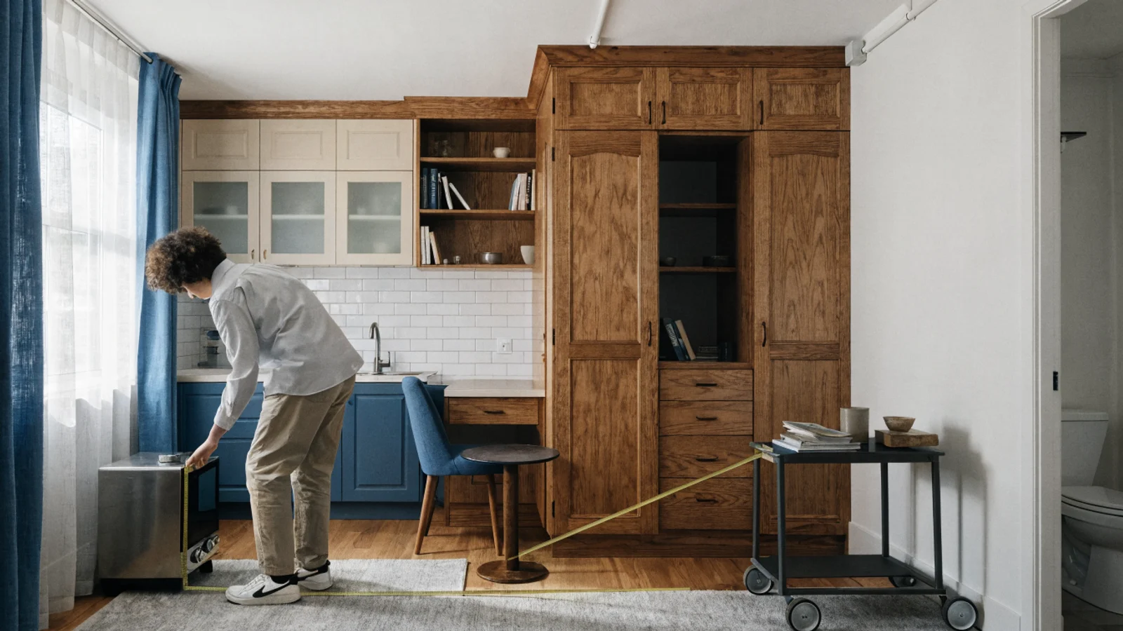 Home utility products for apartments evaluated against a measured doorway, destination, and operating clearance